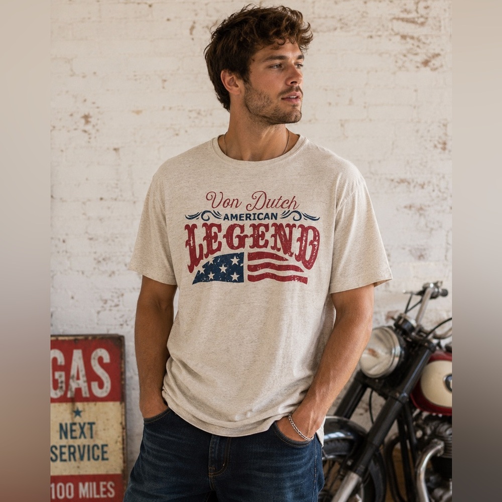 Von Dutch American Legend Graphic T-Shirt Men’s Large Beige USA Made Y2K